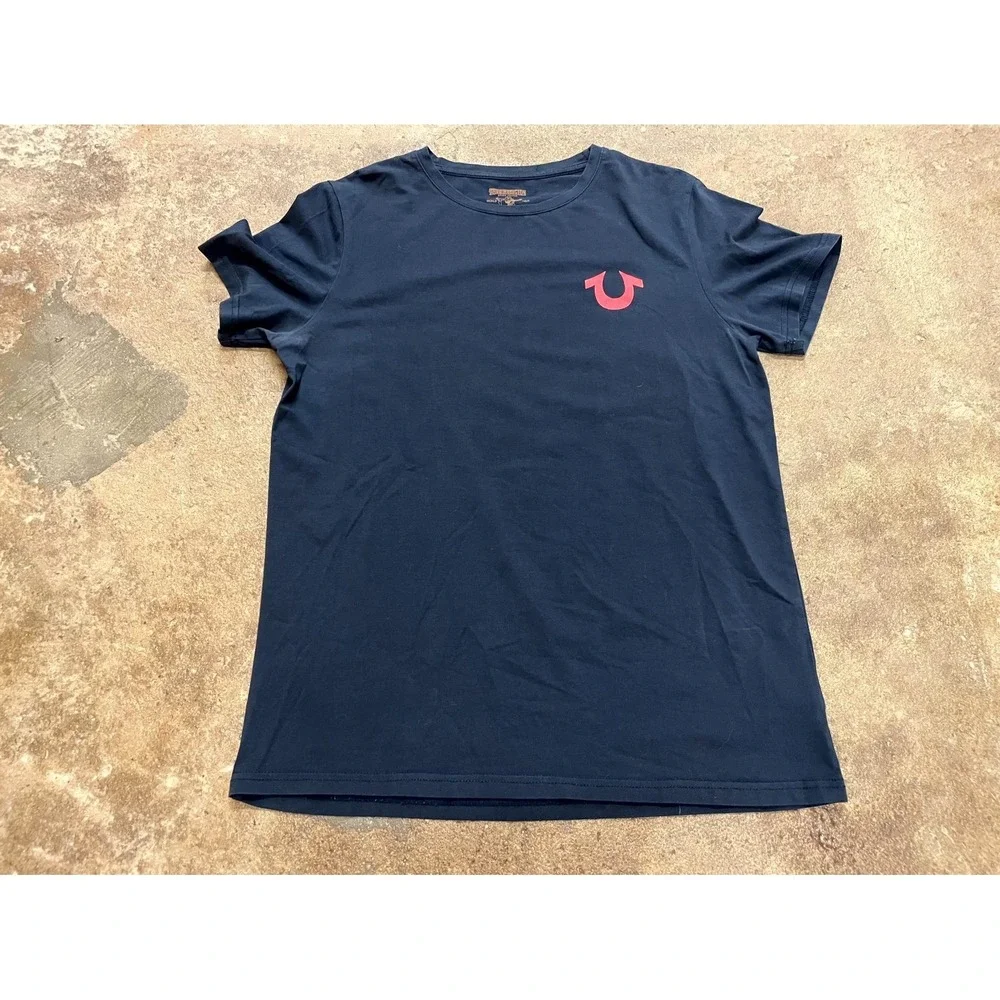 True Religion World Tour T Shirt Mens XL Blue Cotton Buddha‎ Graphic Horseshoe
